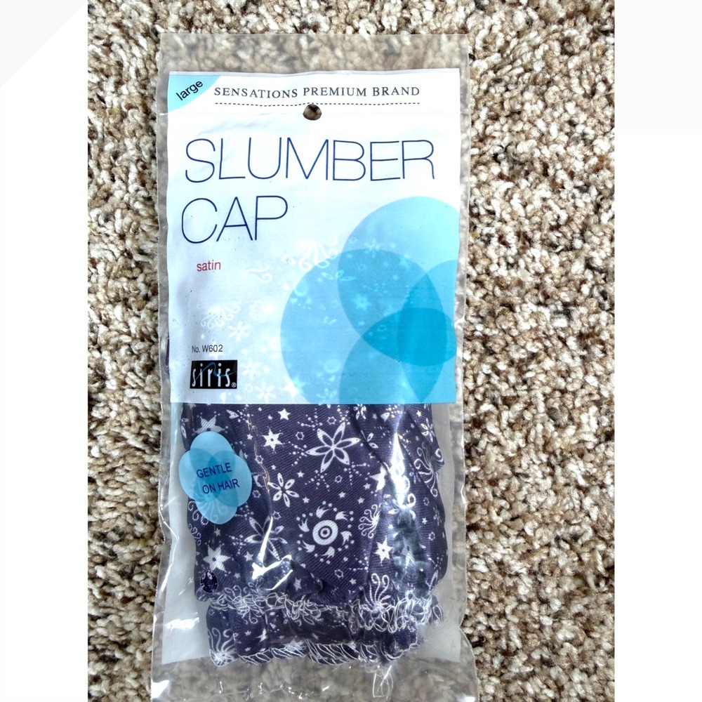 Sensations Premium Brand Slumber Cap Siris Satin Hair Bonnet Navy Floral NEW L